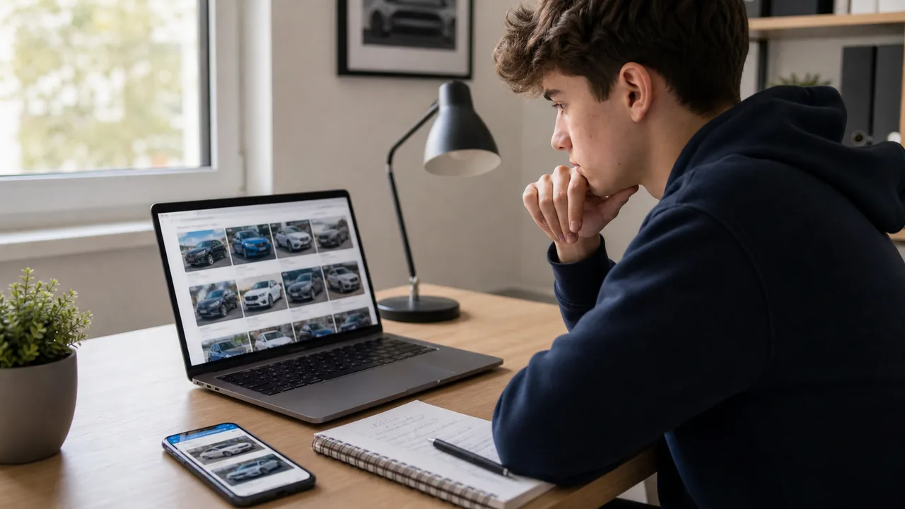 Young buyer comparing car listings and budget notes